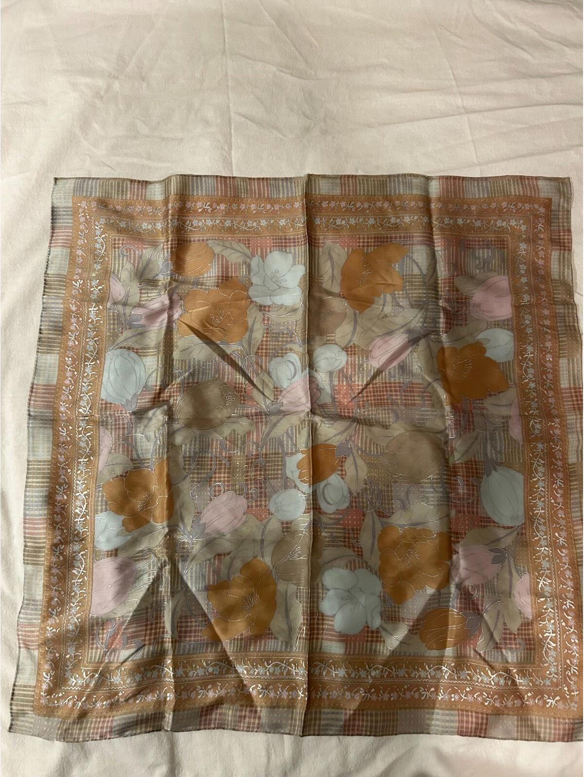 Vintage-Style Square Scarf Floral Plaid Brown Blue Pink Neutral Tones